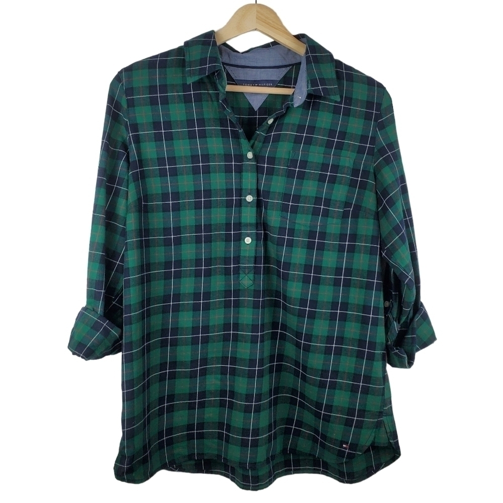 Tommy Hilfiger S/M Popover Blouse‎ Tartan Plaid Green Blue Roll Tab Sleeves